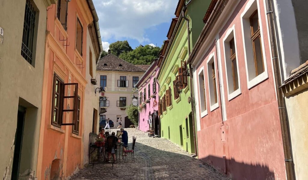 Brightly colored houses in Transylvania, Romania